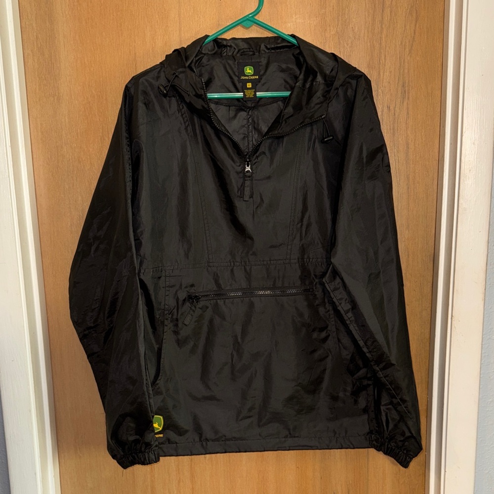 John Deere Black Quarter Zip Hooded Windbreaker Jacket Men's Medium